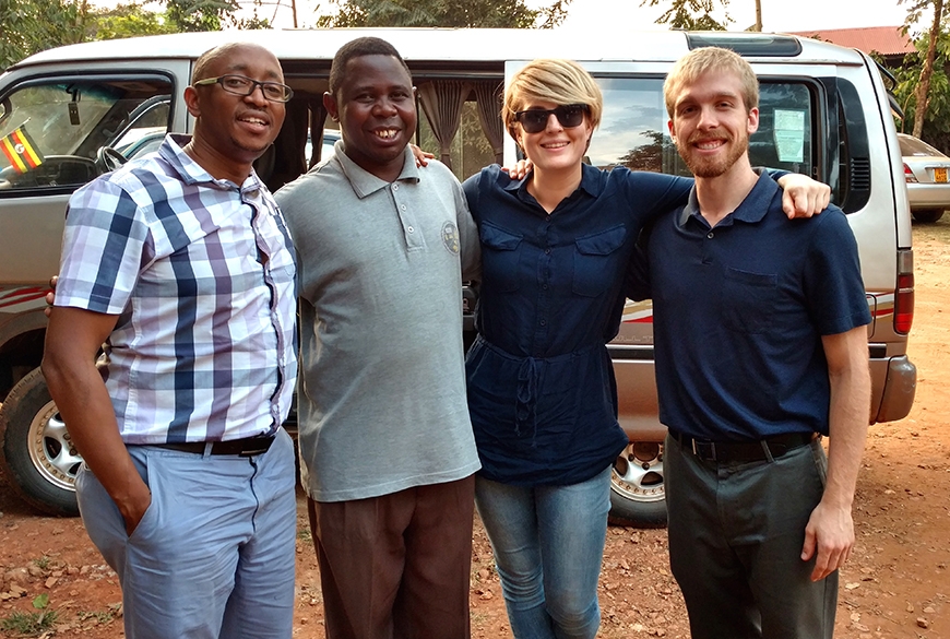 Aggrey Semeere, Mitterand Kirya, Andrea Gardner and Ryan Snodgrass in Kamapala, Uganda.